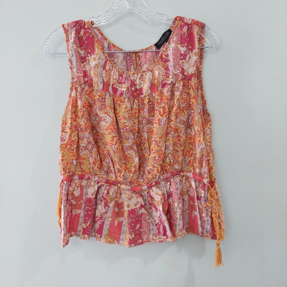 Rachel Zoe Blouse Large sleevless pink mustard yellow floral key hole back